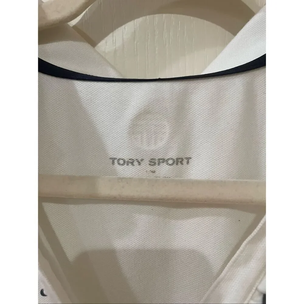 Tory Sport Women’s White Sleeveless Collared Top Black Trim V-Neck Active Chic